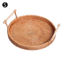 Load image into Gallery viewer, Round Cracker Tea Storage Tray Bread Basket Rattan Woven Storage Snack Fruit Plate Hotel Essential Oil Tray With Handle New

